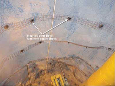 Figure 4—View of components used in a system to control burst-prone ground at Copper Cliff.
