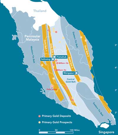 Peninsular Malaysia’s gold belts and major deposits with Monument’s projects highlighted.