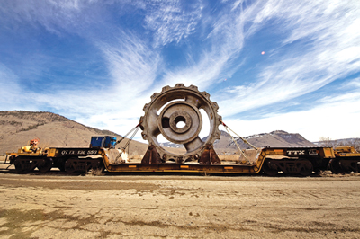 The lower bowl frame of an FLSmidth XL2000 Raptor cone crusher, weighing more than 100 mt, during transport to the Copper Mountain mine near Kamloops, British Columbia, in 2014.