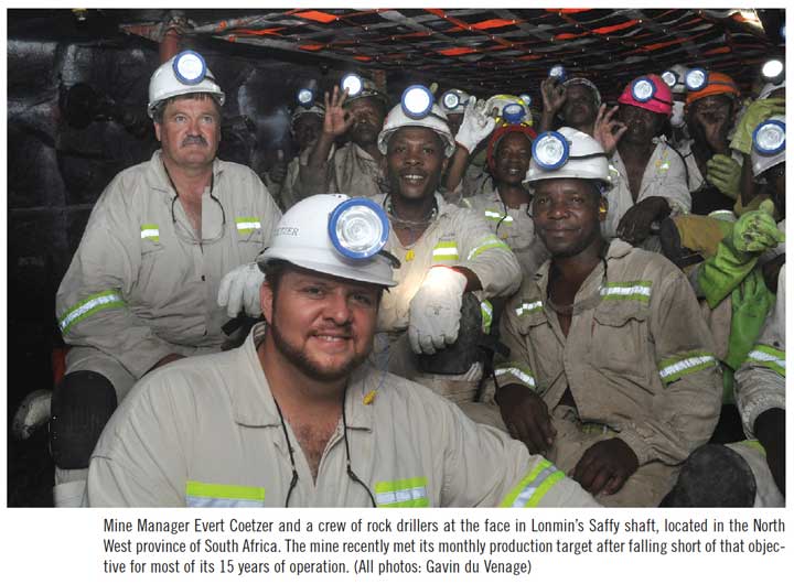Mine Manager Evert Coetzer and a crew of rock drillers at the face in Lonmin’s Saffy shaft, located in the North West province of South Africa. The mine recently met its monthly production target after falling short of that objective for most of its 15 years of operation. (All photos: Gavin du Venage)