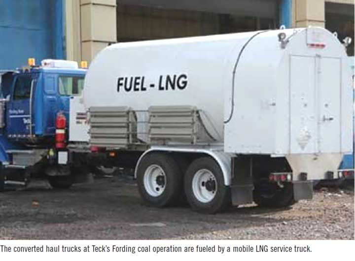 The converted haul trucks at Teck’s Fording coal operation are fueled by a mobile LNG service truck.