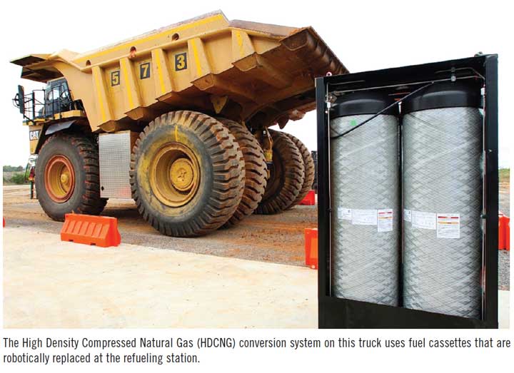 The High Density Compressed Natural Gas (HDCNG) conversion system on this truck uses fuel cassettes that are robotically replaced at the refueling station.